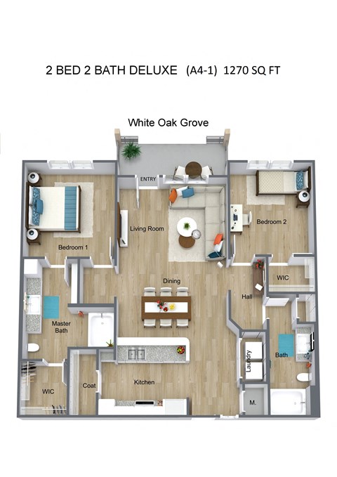 Floor plan for 2 beds, 2 baths, 1270 sqft